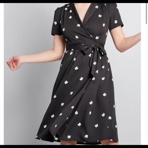 ModCloth black wrap dress with white cats.